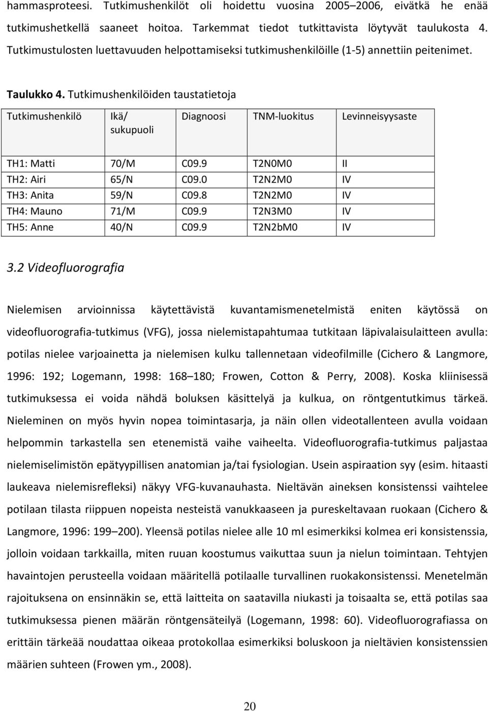 Tutkimushenkilöiden taustatietoja Tutkimushenkilö Ikä/ sukupuoli Diagnoosi TNM-luokitus Levinneisyysaste TH1: Matti 70/M C09.9 T2N0M0 II TH2: Airi 65/N C09.0 T2N2M0 IV TH3: Anita 59/N C09.