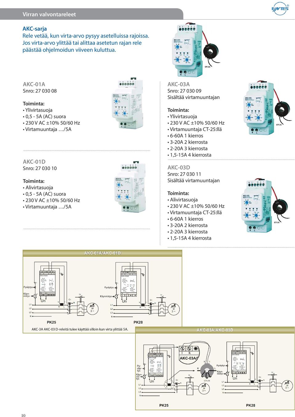 Virtamuuntaja /5A AKC-03A Snro: 27 030 09 Sisältää virtamuuntajan Ylivirtasuoja 230 V AC ±10% 50/60 Hz Virtamuuntaja CT-25:llä 6-60A 1 kierros 3-20A 2 kierrosta 2-20A 3 kierrosta