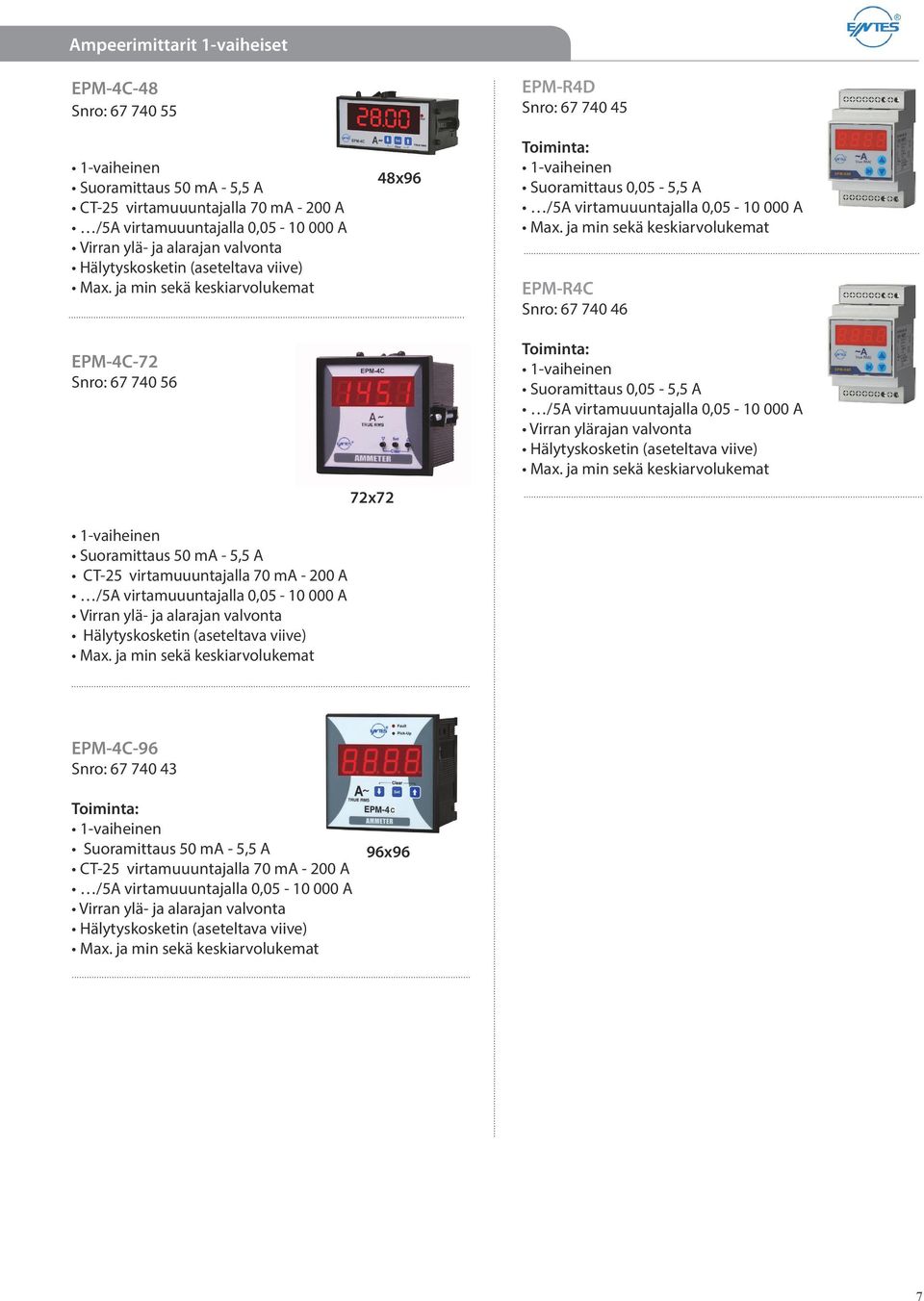 ja min sekä keskiarvolukemat EPM-R4C Snro: 67 740 46 EPM-4C-72 Snro: 67 740 56 72x72 Suoramittaus 0,05-5,5 A /5A virtamuuuntajalla 0,05-10 000 A Virran ylärajan valvonta Hälytyskosketin (aseteltava