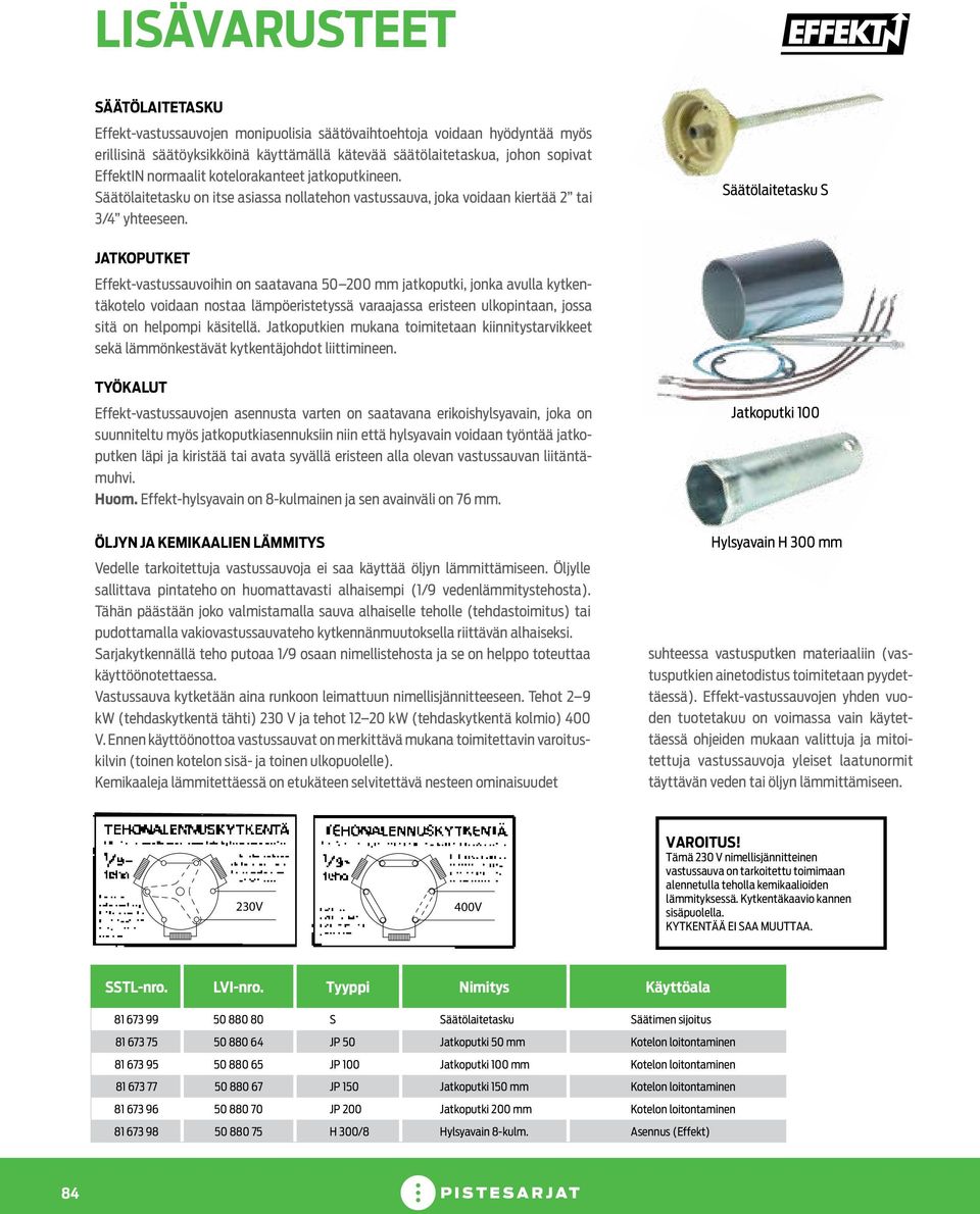 Säätölaitetasku S JATKOPUTKET Effekt-vastussauvoihin on saatavana 50 200 mm jatkoputki, jonka avulla kytkentäkotelo voidaan nostaa lämpöeristetyssä varaajassa eristeen ulkopintaan, jossa sitä on