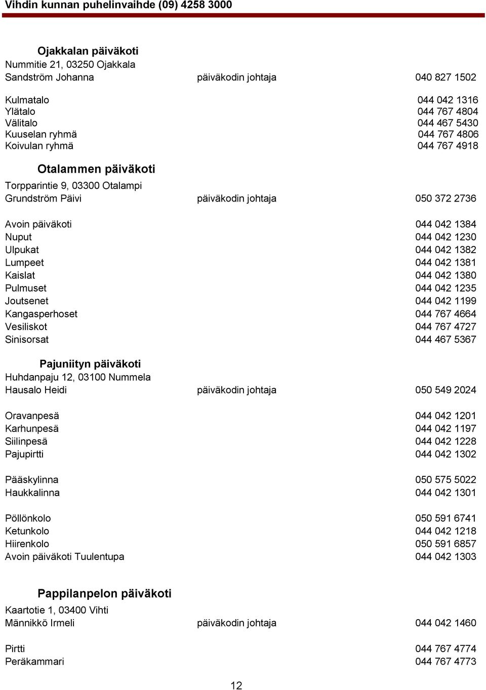 Lumpeet 044 042 1381 Kaislat 044 042 1380 Pulmuset 044 042 1235 Joutsenet 044 042 1199 Kangasperhoset 044 767 4664 Vesiliskot 044 767 4727 Sinisorsat 044 467 5367 Pajuniityn päiväkoti Huhdanpaju 12,