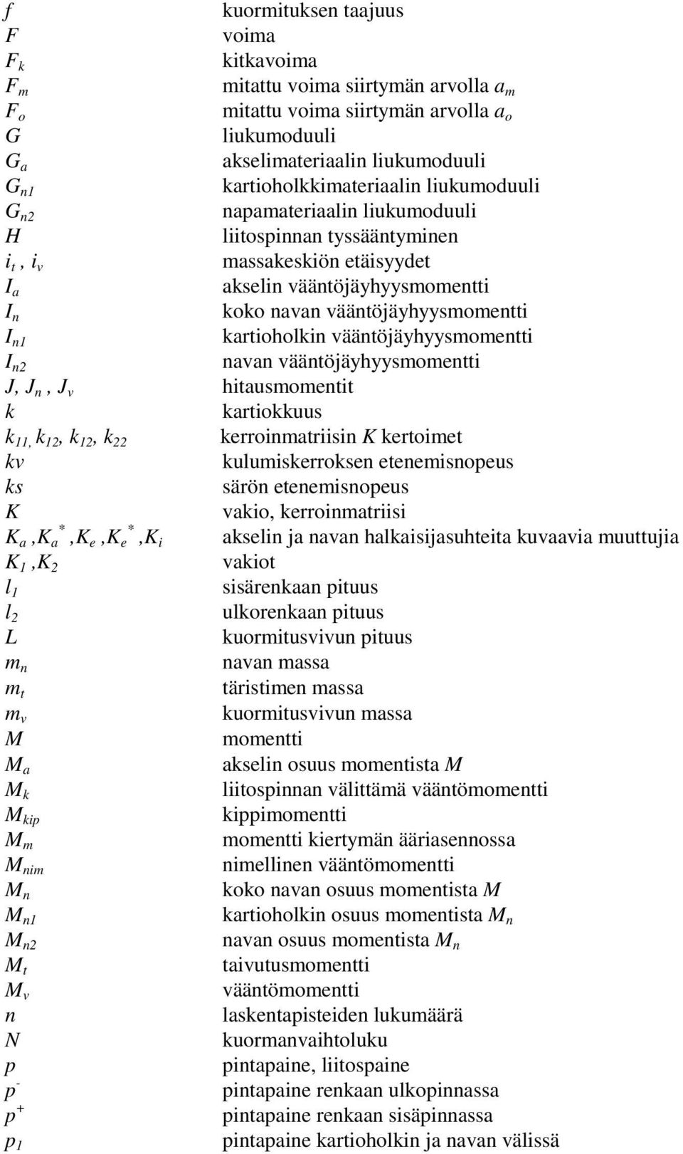 vääntöjäyhyysmomentti I n1 kartioholkin vääntöjäyhyysmomentti I n navan vääntöjäyhyysmomentti J, J n,j v hitausmomentit k kartiokkuus k 11, k 1,k 1,k kerroinmatriisin K kertoimet kv kulumiskerroksen