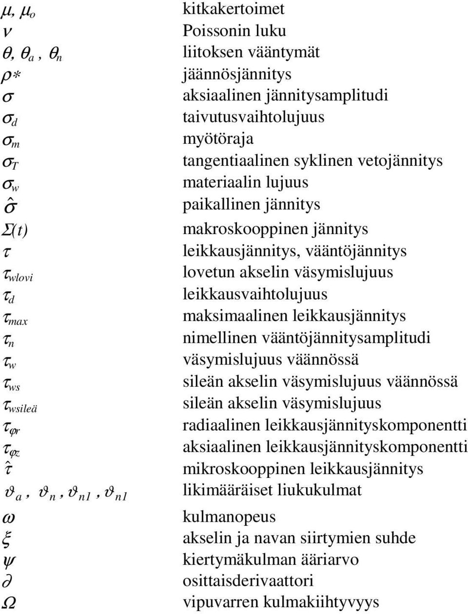 maksimaalinen leikkausjännitys τ n nimellinen vääntöjännitysamplitudi τ w väsymislujuus väännössä τ ws sileän akselin väsymislujuus väännössä τ wsileä sileän akselin väsymislujuus τ ϕr radiaalinen