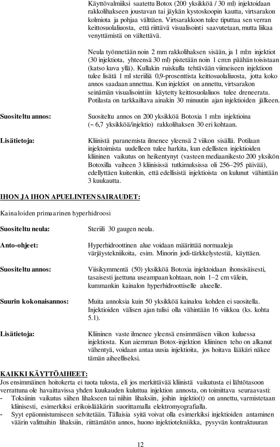 Neula työnnetään noin 2 mm rakkolihaksen sisään, ja 1 ml:n injektiot (30 injektiota, yhteensä 30 ml) pistetään noin 1 cm:n päähän toisistaan (katso kuva yllä).