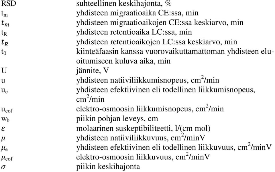 /min u e yhdisteen efektiivinen eli todellinen liikkumisnopeus, cm 2 /min u eof elektro-osmoosin liikkumisnopeus, cm 2 /min w b piikin pohjan leveys, cm molaarinen