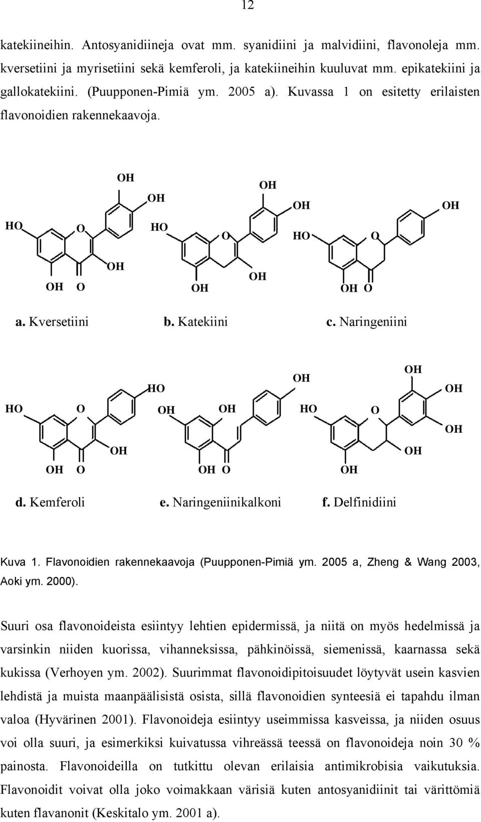 Naringeniini HO OH OH OH HO O OH HO OH O OH OH OH OH O OH O OH d. Kemferoli e. Naringeniinikalkoni f. Delfinidiini Kuva 1. Flavonoidien rakennekaavoja (Puupponen-Pimiä ym.