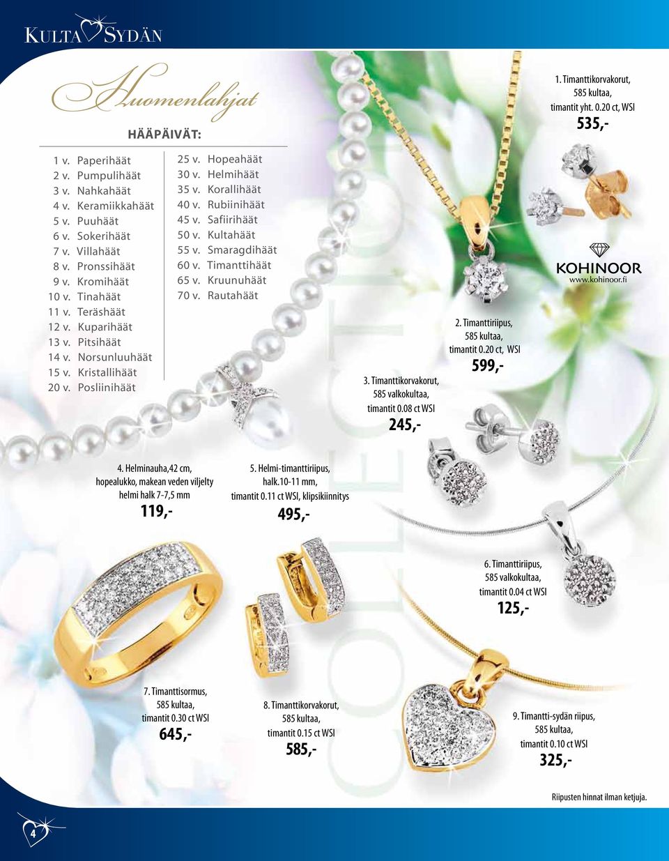 Rubiinihäät 45 v. Safiirihäät 50 v. Kultahäät 55 v. Smaragdihäät 60 v. Timanttihäät 65 v. Kruunuhäät 70 v. Rautahäät 3. Timanttikorvakorut, 585 valkokultaa, timantit 0.08 ct WSI 245,- 2.
