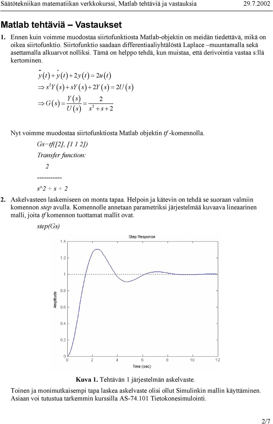 ii i () + () + () = () sy( s) sy( s) Y( s) U( s) Y( s) G( s) U( s) s + s+ y t y t y t u t + + = = = Nyt voimme muodostaa siirtofunktiosta Matlab objektin tf -komennolla.