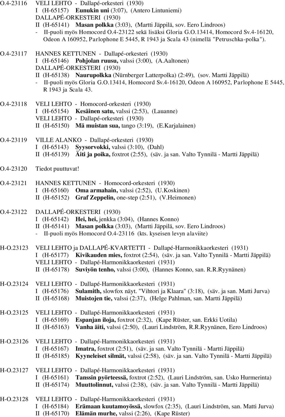 Aaltonen) DALLAPÉ-ORKESTERI (1930) II (H-65138) Naurupolkka (Nürnberger Latterpolka) (2:49), (sov. Martti Jäppilä) - II-puoli myös Gloria G.O.13414, Homocord Sv.