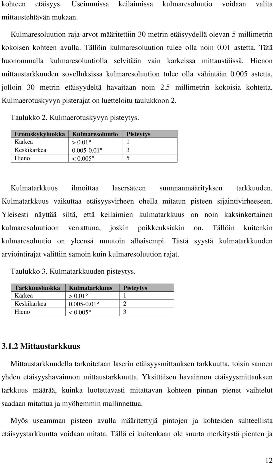 Tätä huonommalla kulmaresoluutiolla selvitään vain karkeissa mittaustöissä. Hienon mittaustarkkuuden sovelluksissa kulmaresoluution tulee olla vähintään 0.