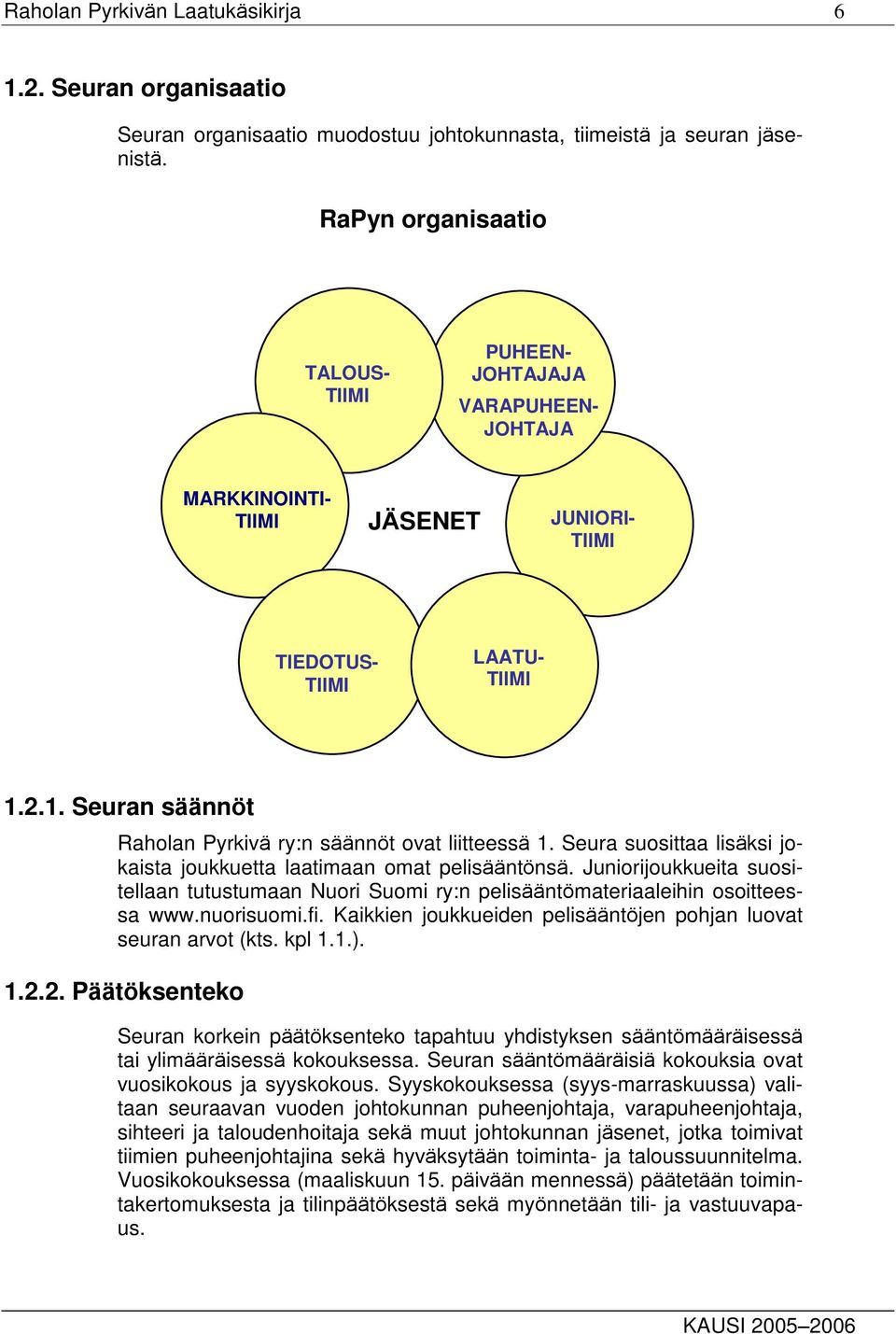 2.1. Seuran säännöt Raholan Pyrkivä ry:n säännöt ovat liitteessä 1. Seura suosittaa lisäksi jokaista joukkuetta laatimaan omat pelisääntönsä.