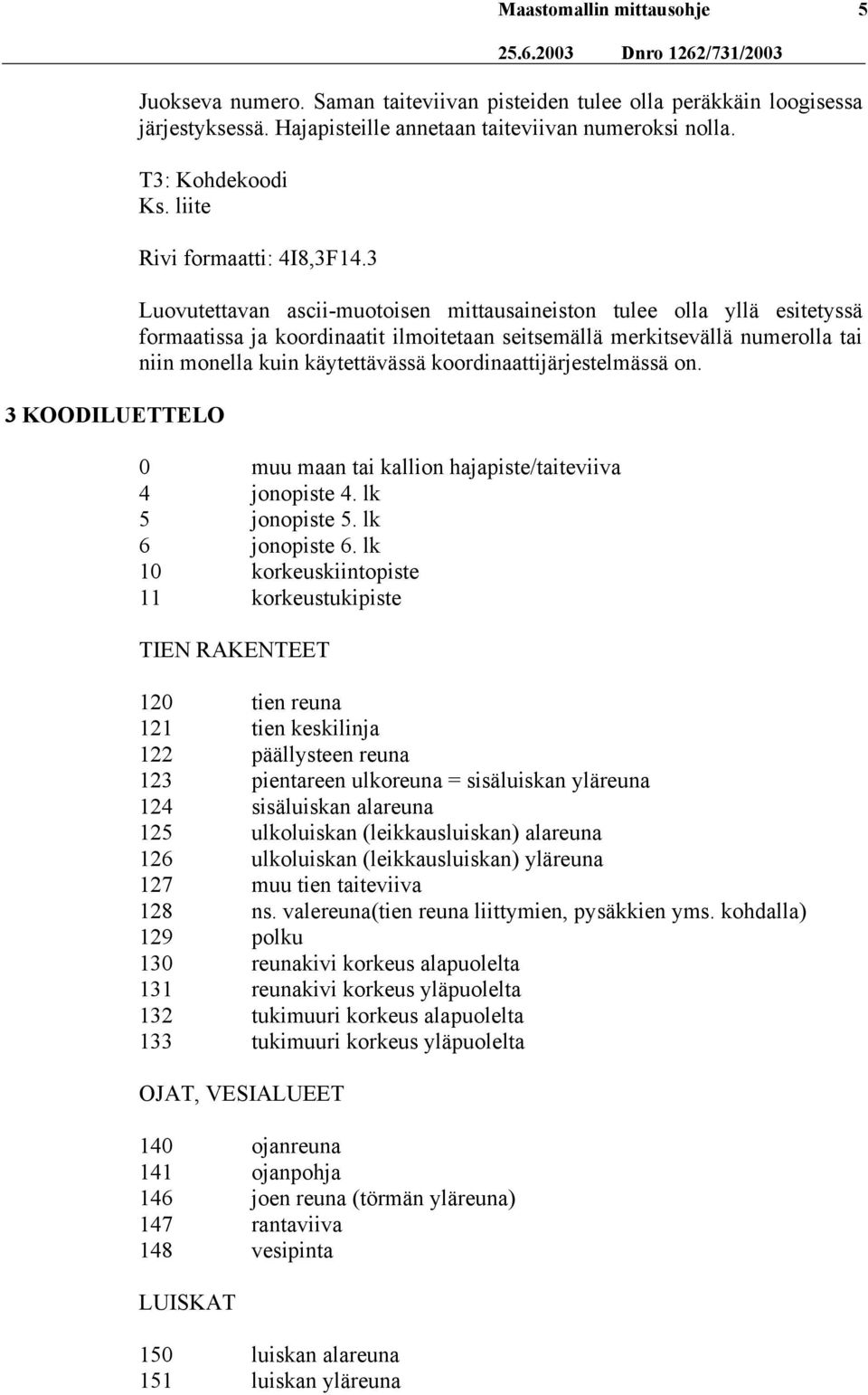 3 Luovutettavan ascii-muotoisen mittausaineiston tulee olla yllä esitetyssä formaatissa ja koordinaatit ilmoitetaan seitsemällä merkitsevällä numerolla tai niin monella kuin käytettävässä