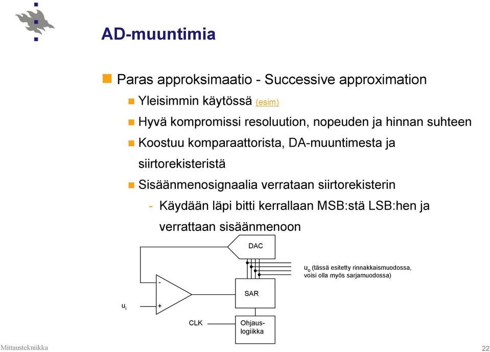 Sisäänmenosignaalia verrataan siirtorekisterin Käydään läpi bitti kerrallaan MSB:stä LSB:hen ja verrattaan