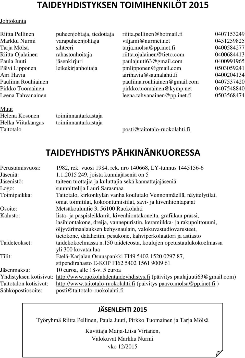 com 0400991965 Päivi Lipponen leikekirjanhoitaja pmlipponen@gmail.com 0503059241 Airi Havia airihavia@saunalahti.fi 0400204134 Pauliina Rouhiainen pauliina.rouhiainen@gmail.