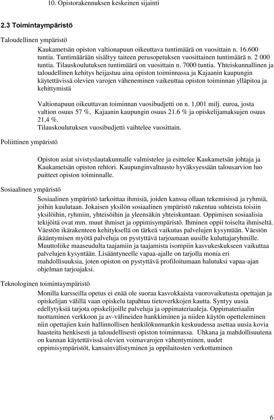 Yhteiskunnallinen ja taloudellinen kehitys heijastuu aina opiston toiminnassa ja Kajaanin kaupungin käytettävissä olevien varojen väheneminen vaikeuttaa opiston toiminnan ylläpitoa ja kehittymistä