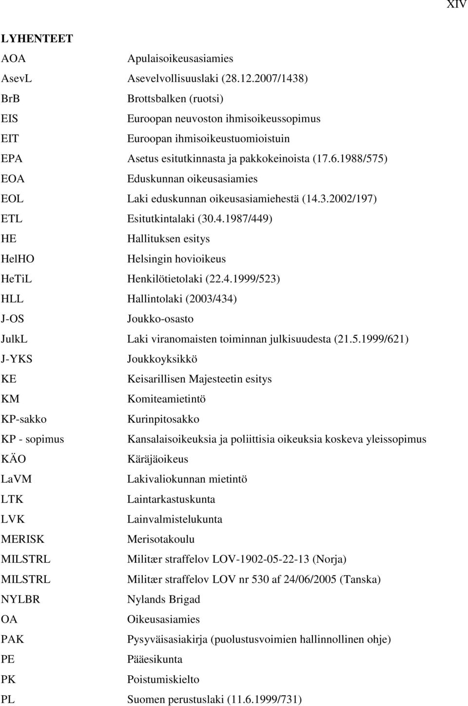 1988/575) EOA Eduskunnan oikeusasiamies EOL Laki eduskunnan oikeusasiamiehestä (14.3.2002/197) ETL Esitutkintalaki (30.4.1987/449) HE Hallituksen esitys HelHO Helsingin hovioikeus HeTiL Henkilötietolaki (22.