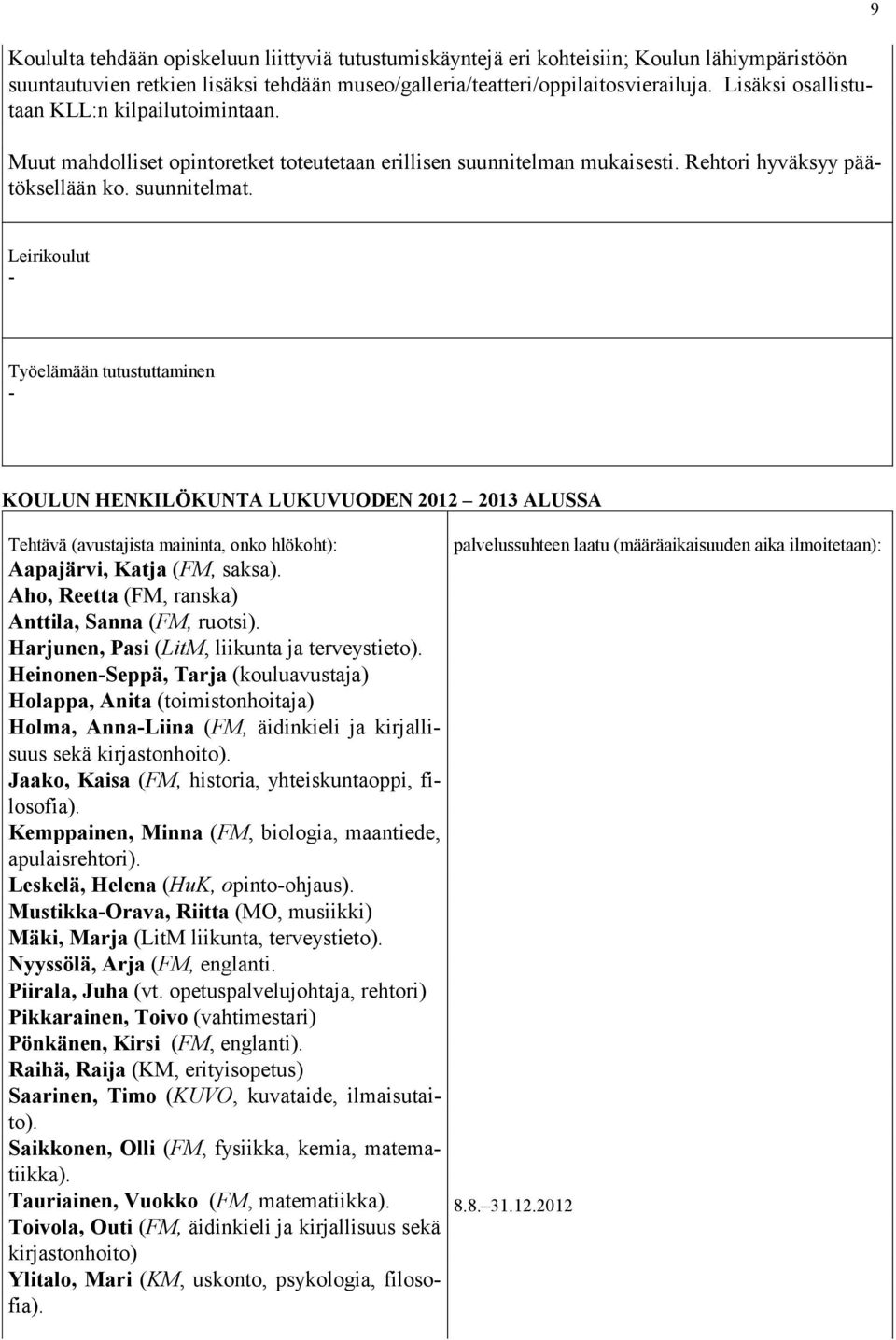 9 Leirikoulut - Työelämään tutustuttaminen - KOULUN HENKILÖKUNTA LUKUVUODEN 2012 2013 ALUSSA Tehtävä (avustajista maininta, onko hlökoht): Aapajärvi, Katja (FM, saksa).