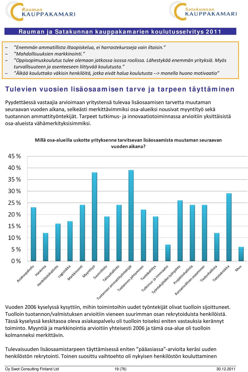 Älkää kouluttako väkisin henkilöitä, jotka eivät halua koulutusta --> monella huono motivaatio Tulevien vuosien lisäosaamisen tarve ja tarpeen täyttäminen Pyydettäessä vastaajia arvioimaan