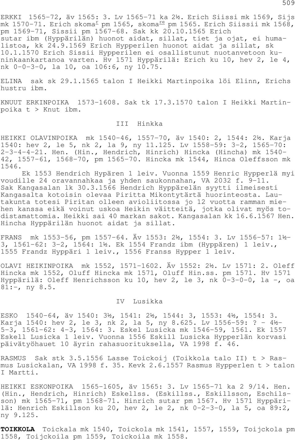 Hv 1571 Hyppärilä: Erich ku 10, hev 2, le 4, nk 0-0-3-0, la 10, oa 106:6, ny 10.75. ELINA sak sk 29.1.1565 talon I Heikki Martinpoika löi Elinn, Erichs hustru ibm. KNUUT ERKINPOIKA 1573-1608.