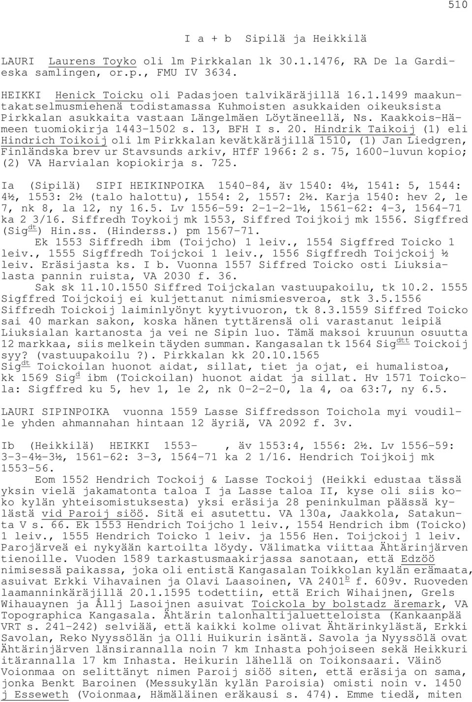 Hindrik Taikoij (1) eli Hindrich Toikoij oli lm Pirkkalan kevätkäräjillä 1510, (1) Jan Liedgren, Finländska brev ur Stavsunds arkiv, HTfF 1966: 2 s.