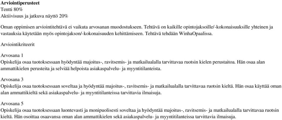 Arviointikriteerit Arvosana 1 Opiskelija osaa tuotoksessaan hyödyntää majoitus-, ravitsemis- ja matkailualalla tarvittavaa ruotsin kielen perustaitoa.