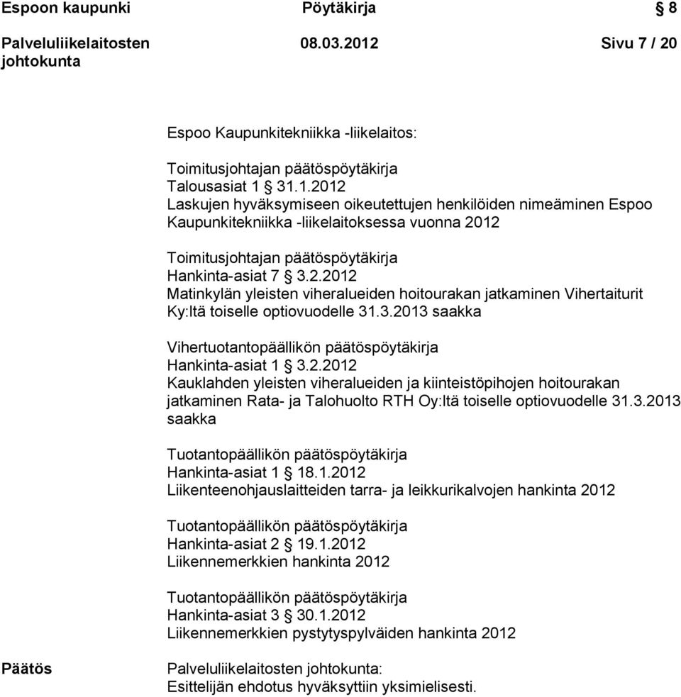 31.1.2012 Laskujen hyväksymiseen oikeutettujen henkilöiden nimeäminen Espoo Kaupunkitekniikka -liikelaitoksessa vuonna 2012 Toimitusjohtajan päätöspöytäkirja Hankinta-asiat 7 3.2.2012 Matinkylän yleisten viheralueiden hoitourakan jatkaminen Vihertaiturit Ky:ltä toiselle optiovuodelle 31.