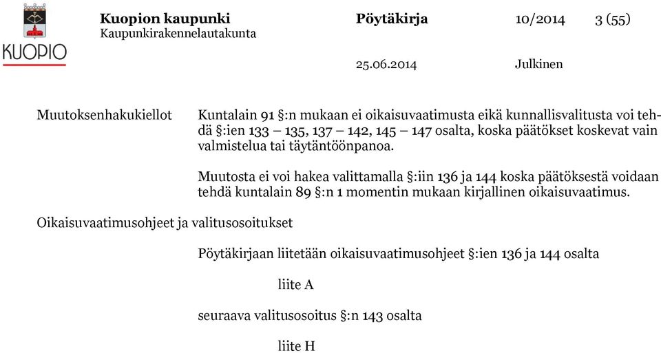 Oikaisuvaatimusohjeet ja valitusosoitukset Muutosta ei voi hakea valittamalla :iin 136 ja 144 koska päätöksestä voidaan tehdä kuntalain 89