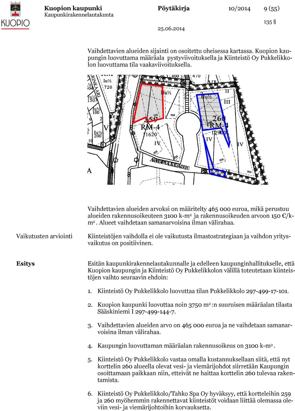 Vaihdettavien alueiden arvoksi on määritelty 465 000 euroa, mikä perustuu alueiden rakennusoikeuteen 3100 k-m 2 ja rakennusoikeuden arvoon 150 /km 2. Alueet vaihdetaan samanarvoisina ilman välirahaa.