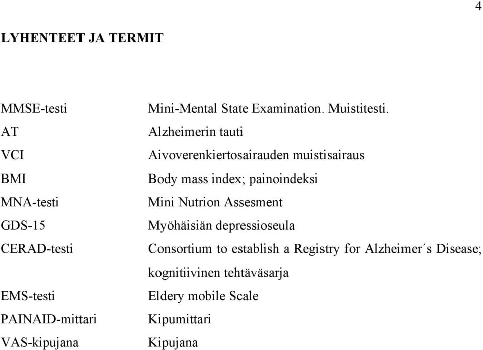 Alzheimerin tauti Aivoverenkiertosairauden muistisairaus Body mass index; painoindeksi Mini Nutrion