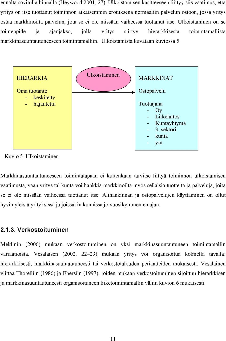 missään vaiheessa tuottanut itse. Ulkoistaminen on se toimenpide ja ajanjakso, jolla yritys siirtyy hierarkkisesta toimintamallista markkinasuuntautuneeseen toimintamalliin.