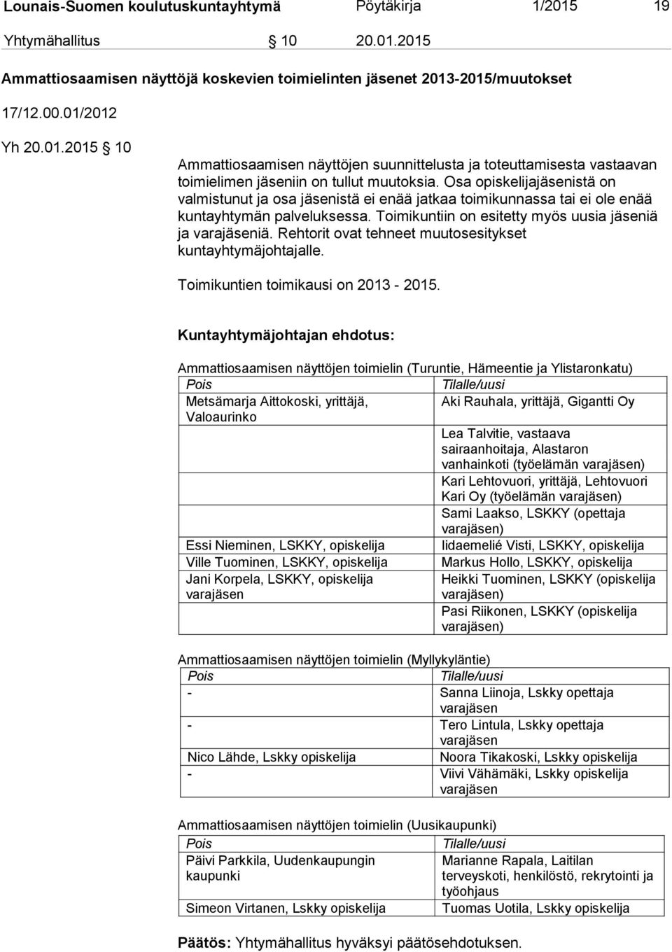 Rehtorit ovat tehneet muutosesitykset kuntayhtymäjohtajalle. Toimikuntien toimikausi on 2013-2015.