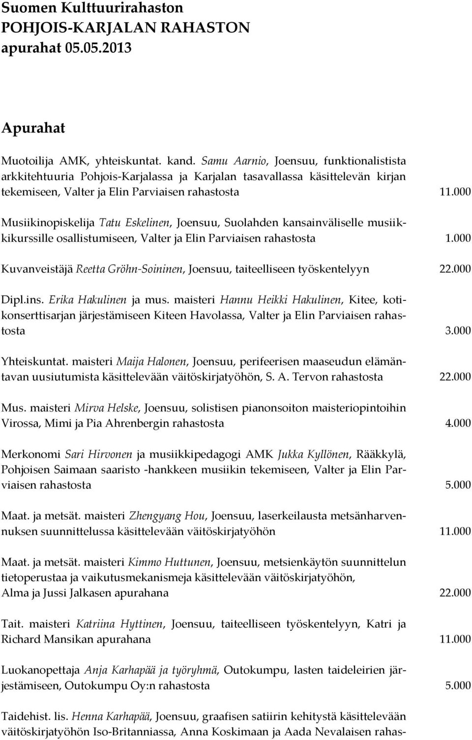 000 Musiikinopiskelija Tatu Eskelinen, Joensuu, Suolahden kansainväliselle musiikkikurssille osallistumiseen, Valter ja Elin Parviaisen rahastosta 1.