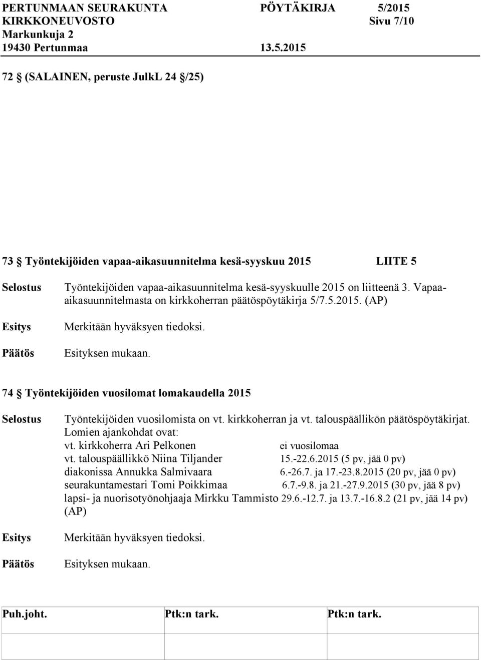 kirkkoherran ja vt. talouspäällikön päätöspöytäkirjat. Lomien ajankohdat ovat: vt. kirkkoherra Ari Pelkonen ei vuosilomaa vt. talouspäällikkö Niina Tiljander 15.-22.6.