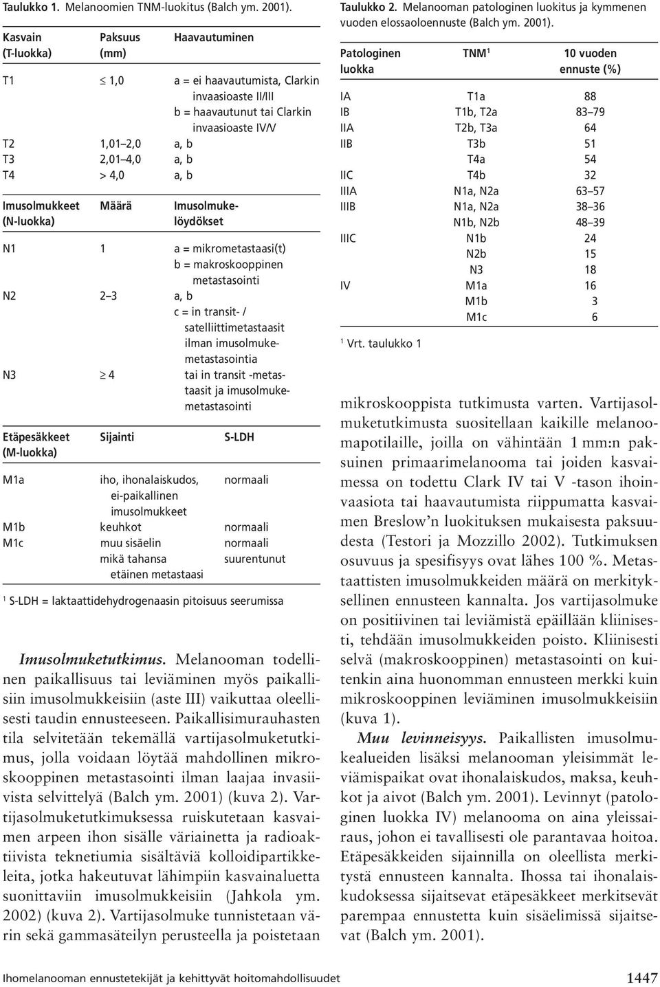 Imusolmukkeet Määrä Imusolmuke- (N-luokka) löydökset N1 1 a = mikrometastaasi(t) b = makroskooppinen metastasointi N2 2 3 a, b c = in transit- / satelliittimetastaasit ilman imusolmukemetastasointia