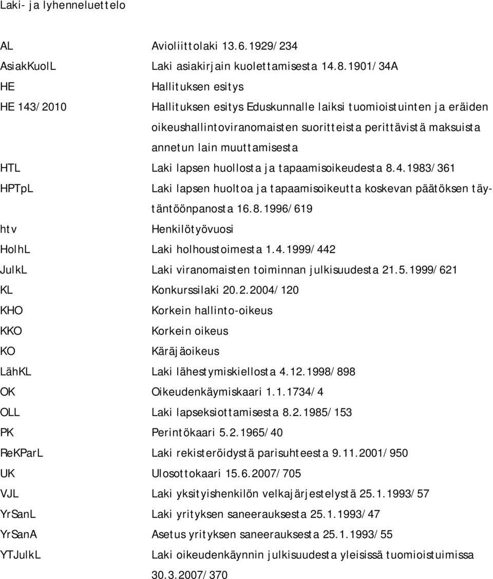 HTL Laki lapsen huollosta ja tapaamisoikeudesta 8.4.1983/361 HPTpL Laki lapsen huoltoa ja tapaamisoikeutta koskevan päätöksen täytäntöönpanosta 16.8.1996/619 htv Henkilötyövuosi HolhL Laki holhoustoimesta 1.