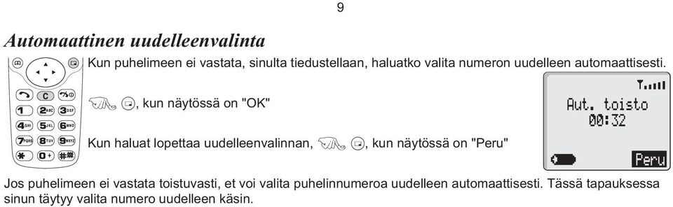 9 FB, kun näytössä on "OK" Kun haluat lopettaa uudelleenvalinnan, FB, kun näytössä on "Peru"