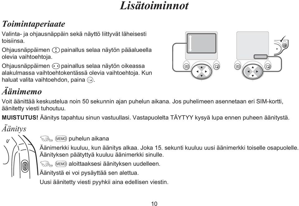 Äänimemo Voit äänittää keskustelua noin 50 sekunnin ajan puhelun aikana. Jos puhelimeen asennetaan eri SIM-kortti, äänitetty viesti tuhoutuu. MUISTUTUS! Äänitys tapahtuu sinun vastuullasi.