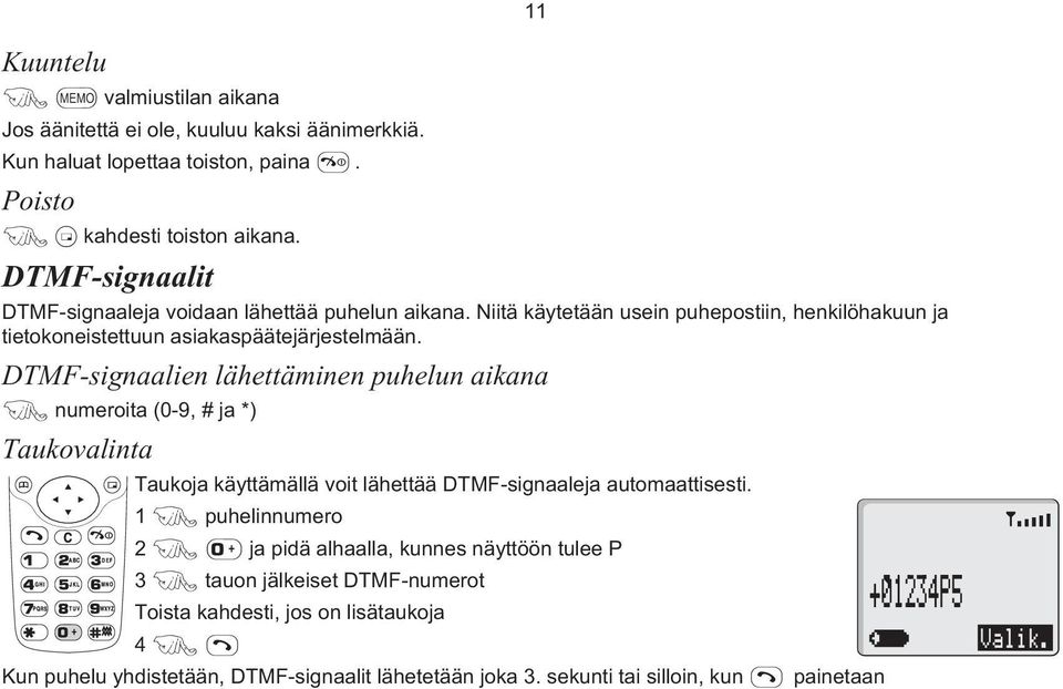 DTMF-signaalien lähettäminen puhelun aikana F numeroita (0-9, # ja *) Taukovalinta Taukoja käyttämällä voit lähettää DTMF-signaaleja automaattisesti.