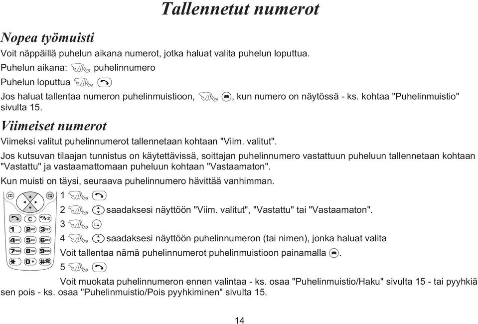 Viimeiset numerot Viimeksi valitut puhelinnumerot tallennetaan kohtaan "Viim. valitut".