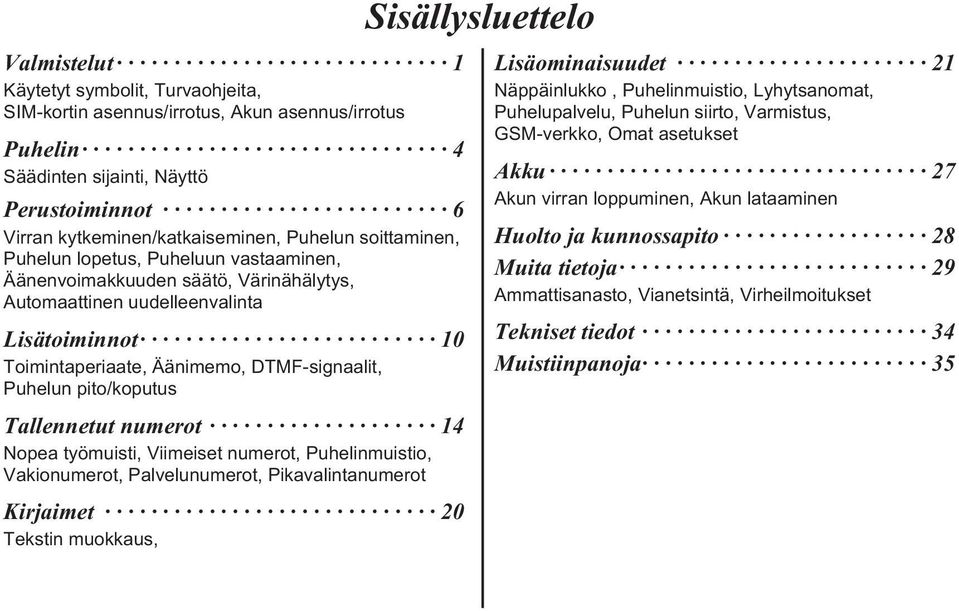 pito/koputus Tallennetut numerot 14 Nopea työmuisti, Viimeiset numerot, Puhelinmuistio, Vakionumerot, Palvelunumerot, Pikavalintanumerot Kirjaimet 20 Tekstin muokkaus, Sisällysluettelo