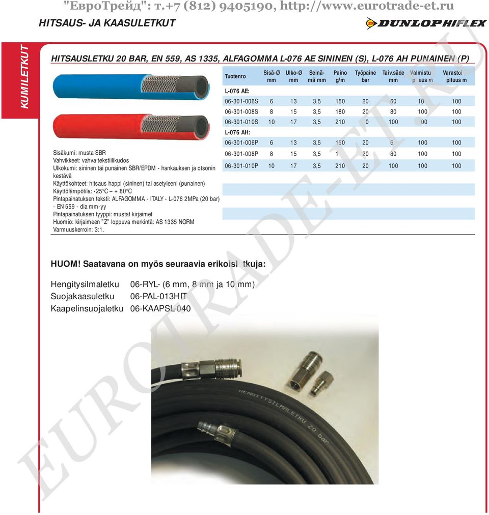 säde Valmistu p uus m Varastoi pituus m 06-301-006S 6 13 3,5 150 20 60 10 100 06-301-008S 8 15 3,5 180 20 80 100 100 06-301-010S 10 17 3,5 210 0 100 00 100 L-076 AH: 06-301-006P 6 13 3,5 150 20 6 100