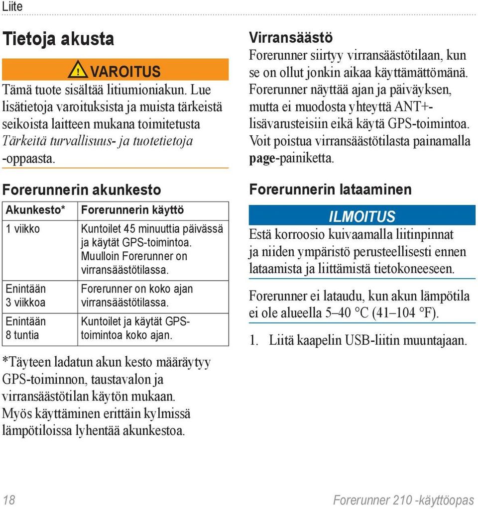 Forerunnerin akunkesto Akunkesto* Forerunnerin käyttö 1 viikko Kuntoilet 45 minuuttia päivässä ja käytät GPS-toimintoa. Muulloin Forerunner on virransäästötilassa.