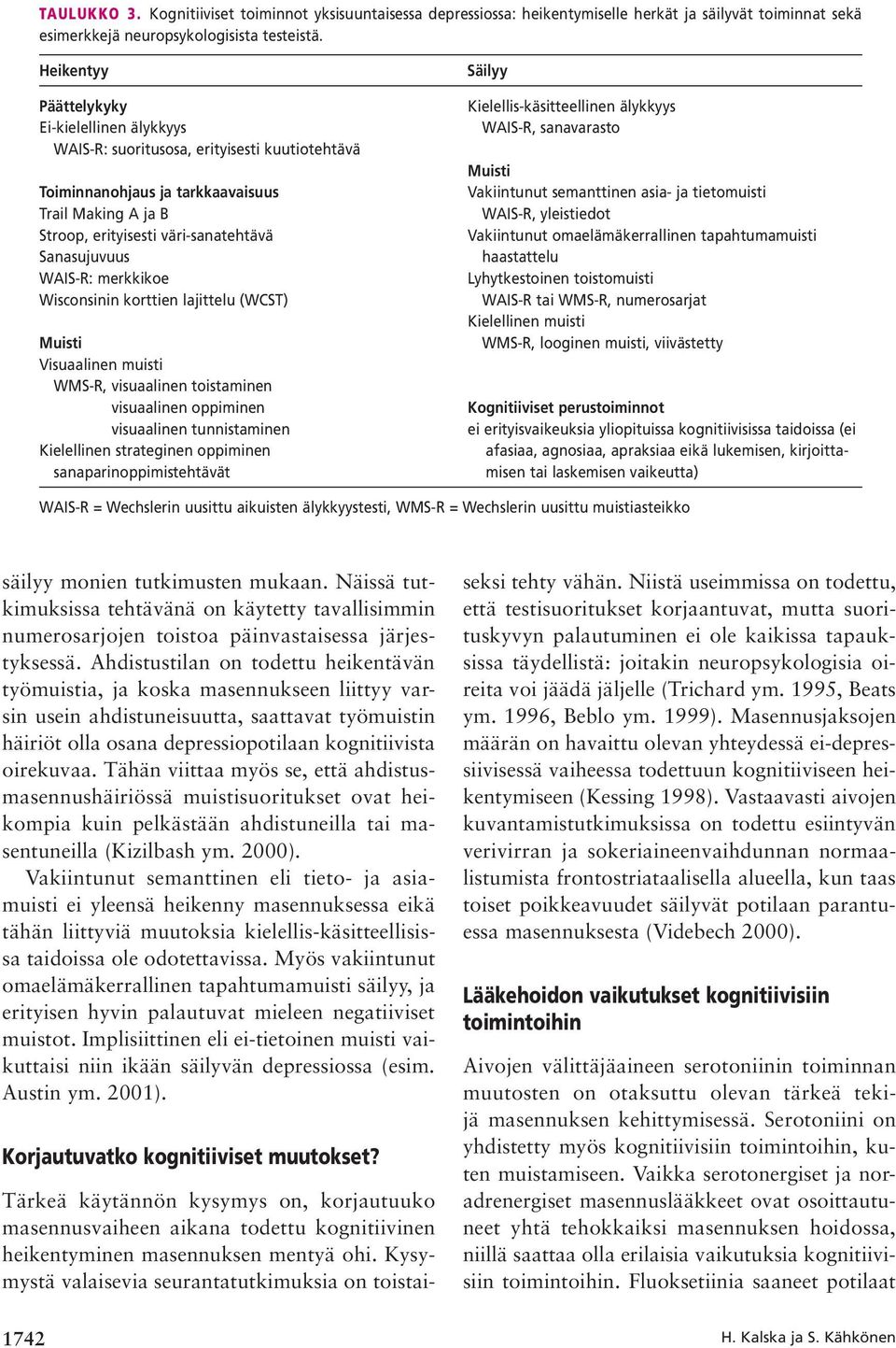 WAIS-R: merkkikoe Wisconsinin korttien lajittelu (WCST) Muisti Visuaalinen muisti WMS-R, visuaalinen toistaminen WMS-R, visuaalinen oppiminen WMS-R, visuaalinen tunnistaminen Kielellinen strateginen