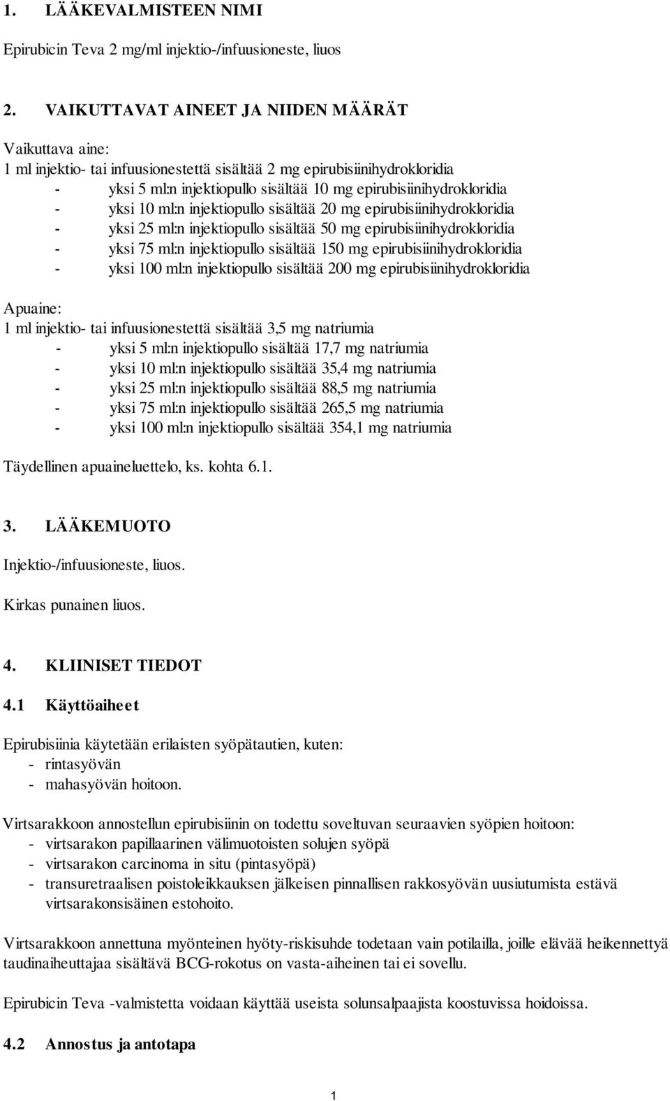 yksi 10 ml:n injektiopullo sisältää 20 mg epirubisiinihydrokloridia - yksi 25 ml:n injektiopullo sisältää 50 mg epirubisiinihydrokloridia - yksi 75 ml:n injektiopullo sisältää 150 mg