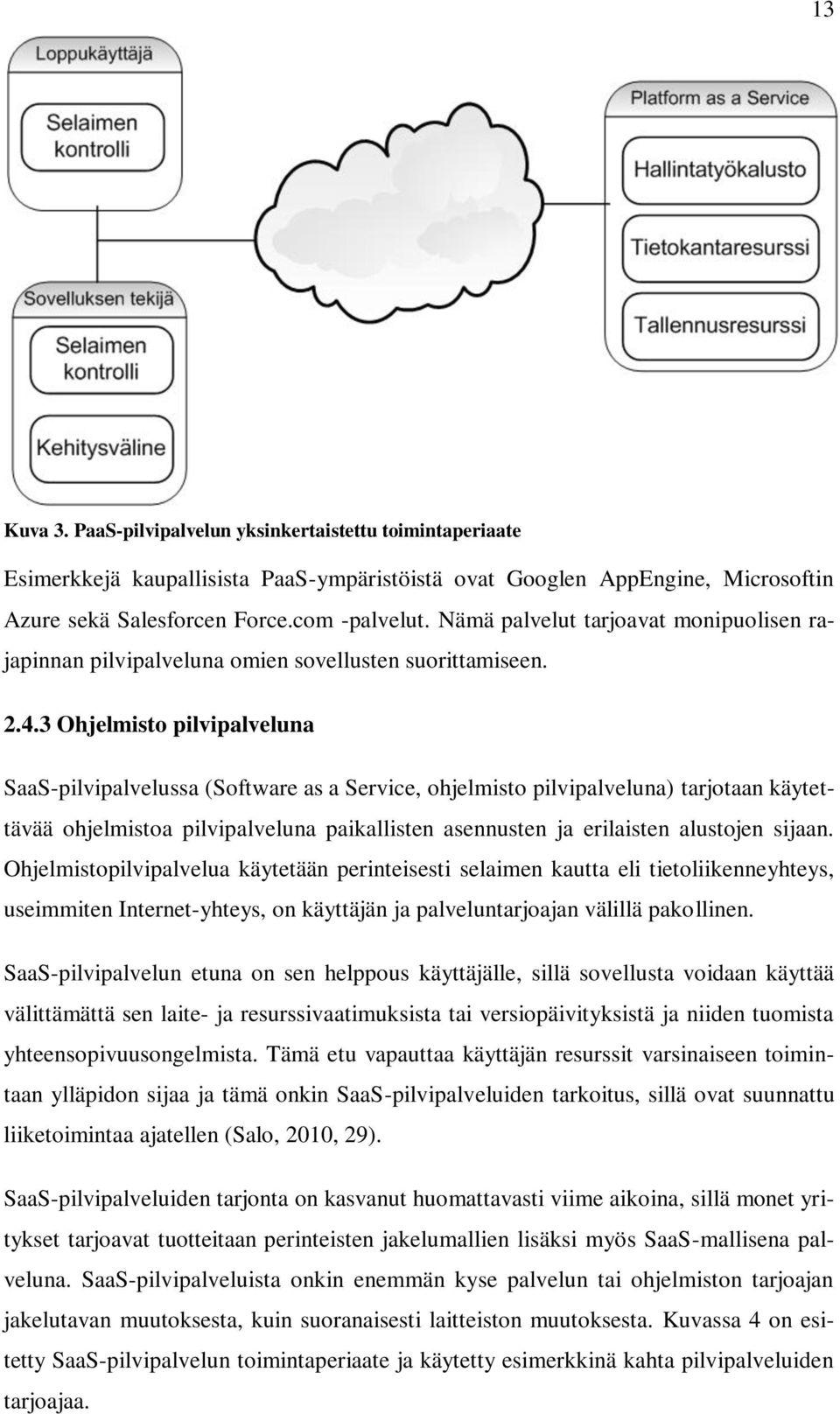 3 Ohjelmisto pilvipalveluna SaaS-pilvipalvelussa (Software as a Service, ohjelmisto pilvipalveluna) tarjotaan käytettävää ohjelmistoa pilvipalveluna paikallisten asennusten ja erilaisten alustojen