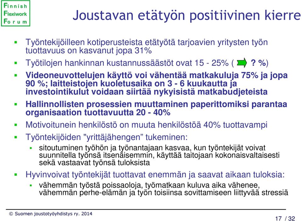 prosessien muuttaminen paperittomiksi parantaa organisaation tuottavuutta 20-40% Motivoitunein henkilöstö on muuta henkilöstöä 40% tuottavampi Työntekijöiden "yrittäjähengen tukeminen: sitoutuminen