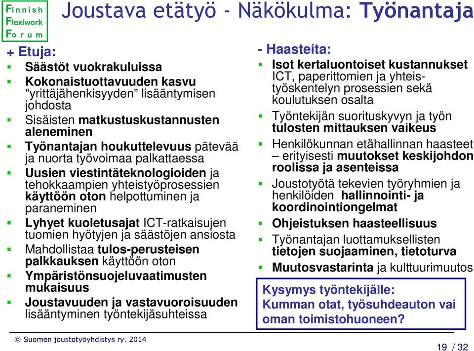 ICT-ratkaisujen tuomien hyötyjen ja säästöjen ansiosta Mahdollistaa tulos-perusteisen palkkauksen käyttöön oton Ympäristönsuojeluvaatimusten mukaisuus Joustavuuden ja vastavuoroisuuden lisääntyminen