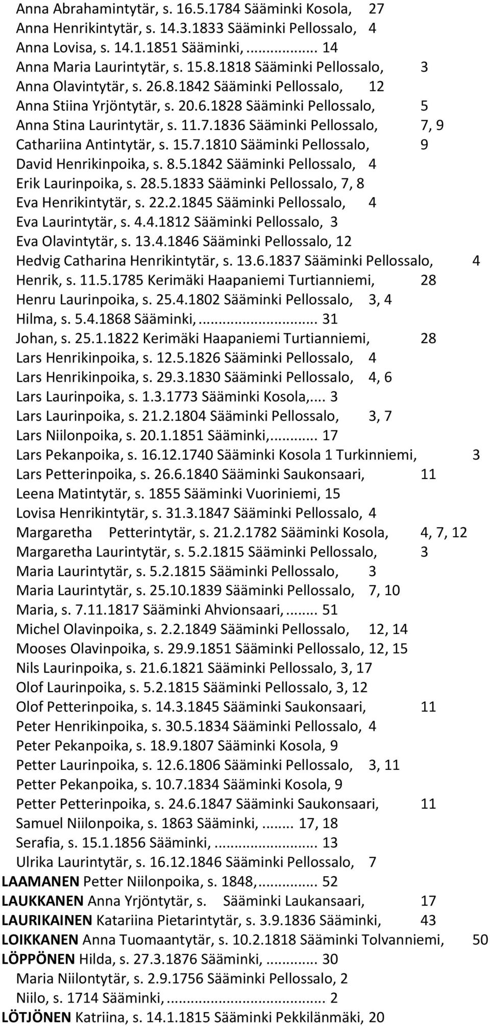 8.5.1842 Sääminki Pellossalo, 4 Erik Laurinpoika, s. 28.5.1833 Sääminki Pellossalo, 7, 8 Eva Henrikintytär, s. 22.2.1845 Sääminki Pellossalo, 4 Eva Laurintytär, s. 4.4.1812 Sääminki Pellossalo, 3 Eva Olavintytär, s.