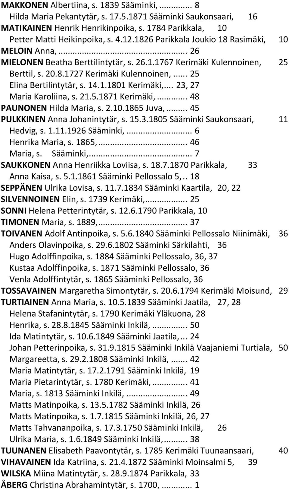 14.1.1801 Kerimäki,... 23, 27 Maria Karoliina, s. 21.5.1871 Kerimäki,... 48 PAUNONEN Hilda Maria, s. 2.10.1865 Juva,... 45 PULKKINEN Anna Johanintytär, s. 15.3.1805 Sääminki Saukonsaari, 11 Hedvig, s.