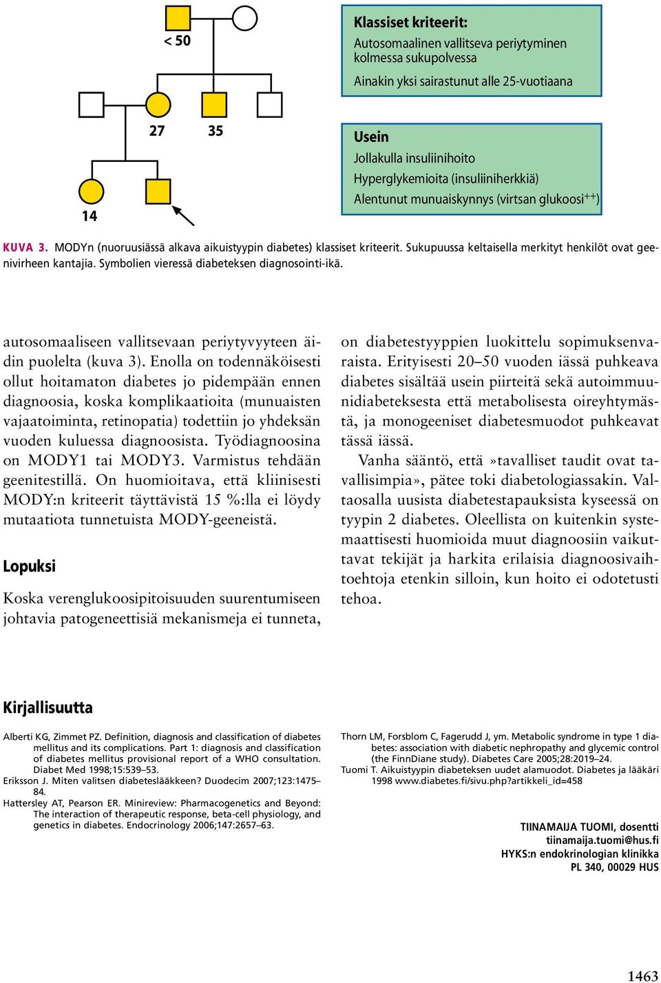 Sukupuussa keltaisella merkityt henkilöt ovat geenivirheen kantajia. Symbolien vieressä diabeteksen diagnosointi-ikä. autosomaaliseen vallitsevaan periytyvyyteen äidin puolelta (kuva 3).